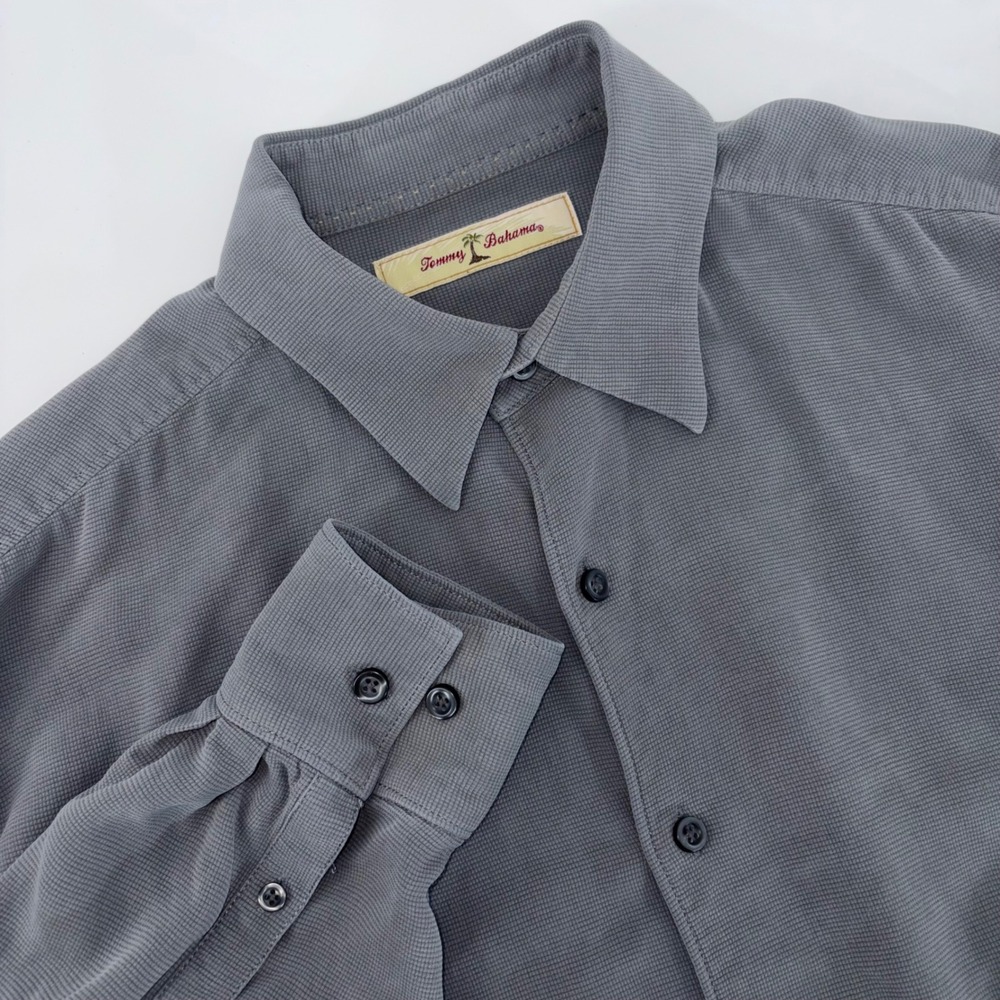 Tommy Bahama Mens 100% Silk Waffle Button Down Shirt Grey Medium Long Sleeve